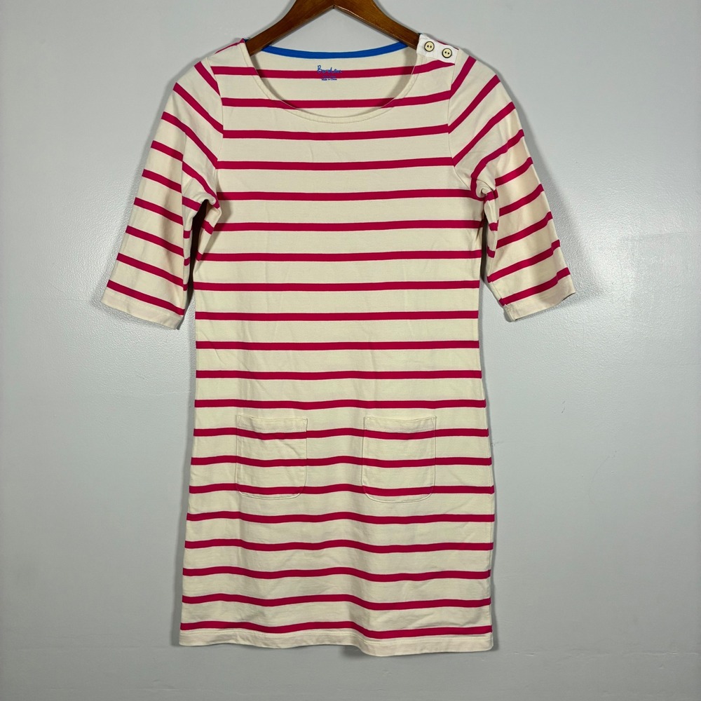 Boden Striped Dress Pink Ivory Boat Neck Shift Nautical Preppy Coastal Breton